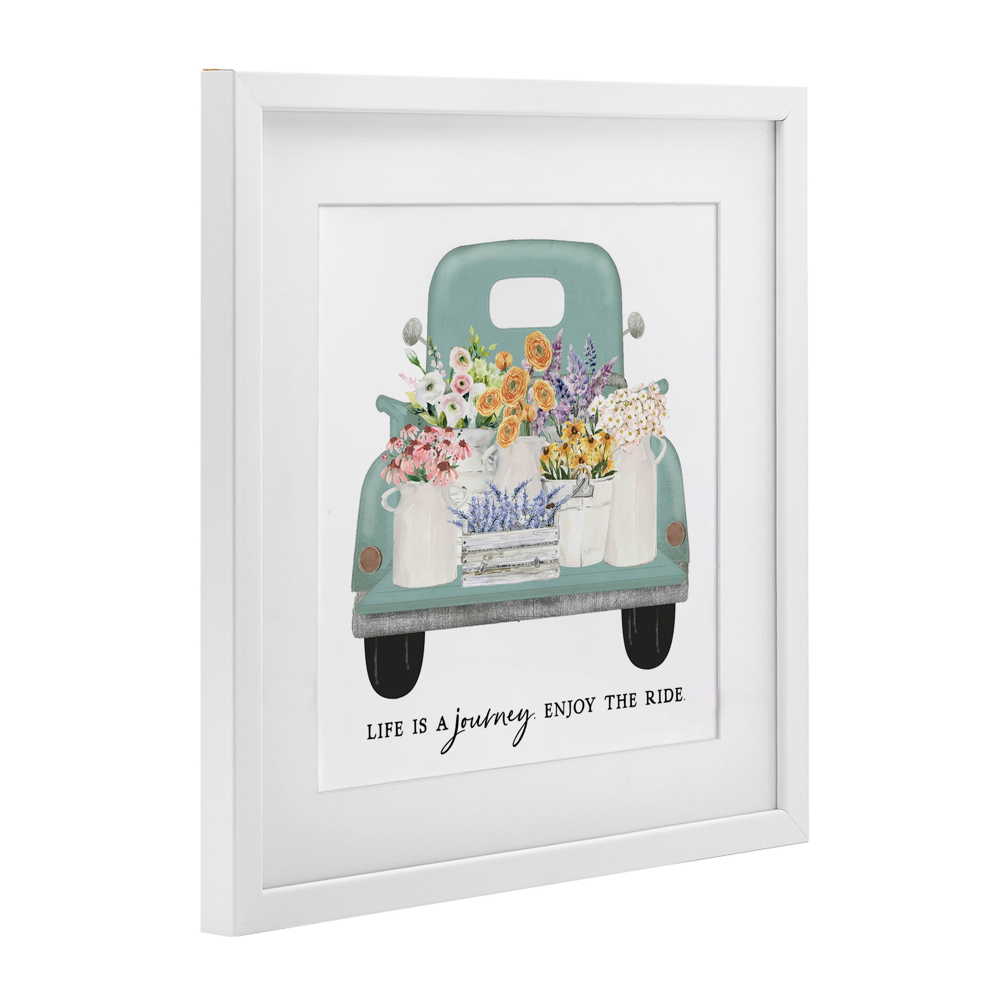 Enjoy Ride Floral Truck White Framed Print Under Glass, design by Lettered and Lined