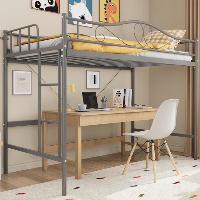 Garvee Twin Size Metal Loft Bed, Ladder & Guardrail, Heavy Duty, 400lbs Capacity, No Box Spring, Easy Assembly, Grey, Modern Loft Bed