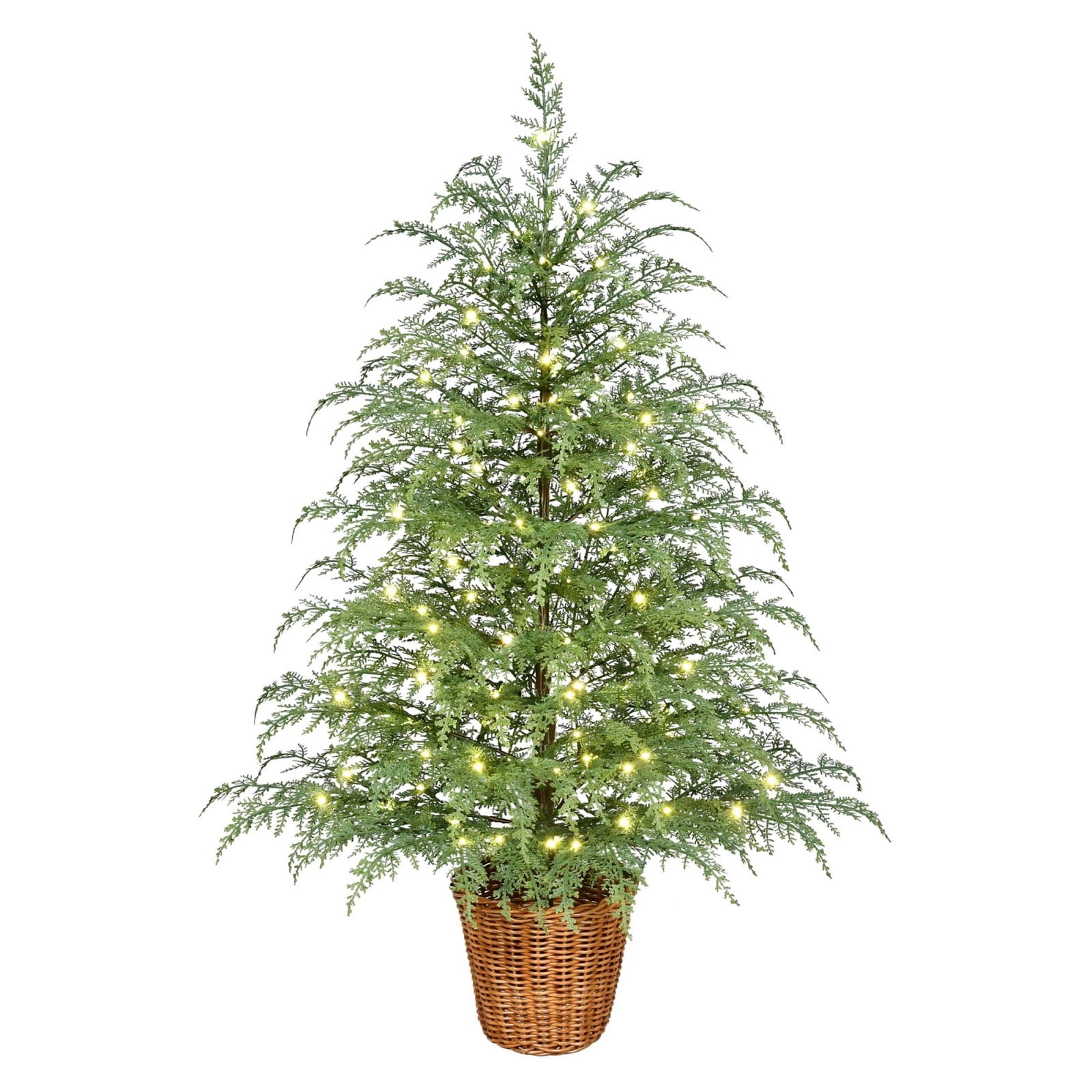 1 Pc Pre-Lit Green Cypress Artificial Christmas Potted Tree with 100 Warm White Twinkle LED Lights, 35"