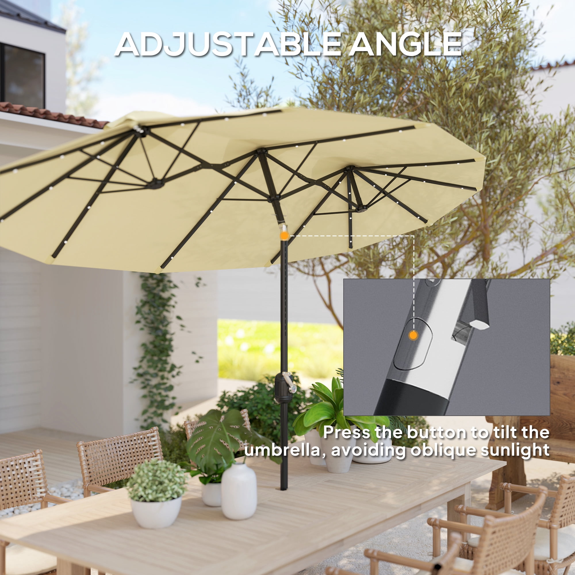 Outsunny 9.7' Double-sided Patio Umbrella with LED Solar Light, Tilt and Crank, Outdoor Umbrella, Cream White