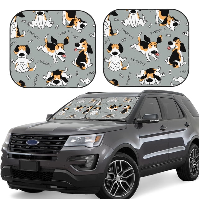 Fotbe Funny Beagle Active Dog Juego de 2 Piezas de Parasoles para Parabrisas | Bloqueador Solar para Auto | Accesorios Plegables para Protección Solar Interior-Large