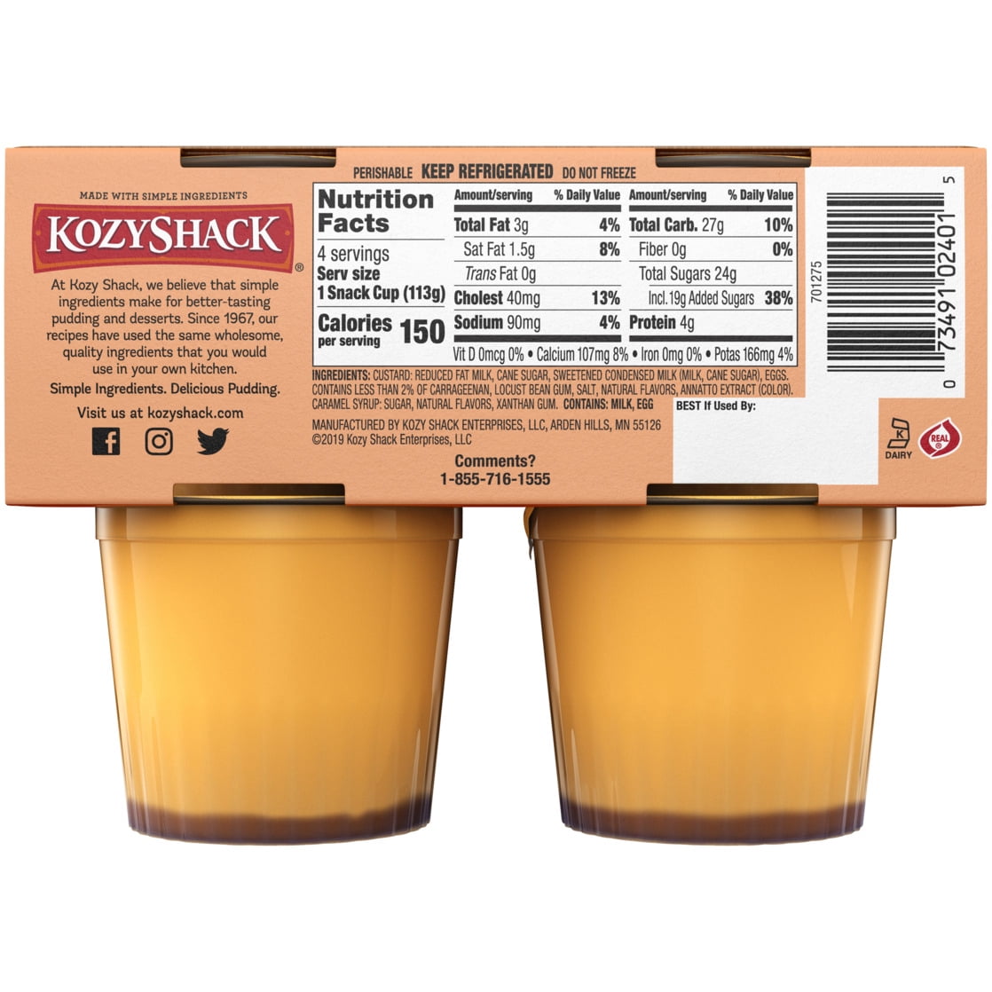 Kozy Shack Creme Caramel Flan Snack Cups, Gluten Free Dessert, 4 oz, 4 Count