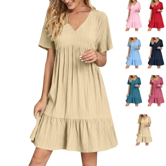 Admvng Sundresses for Women V-Neck Solid Casual Short Sleeve A-Line Midi Dress Boho Beach Sundress S-3XL