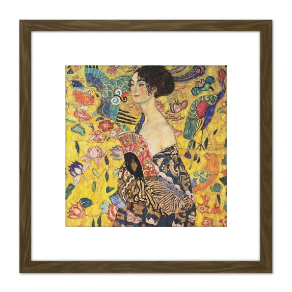 Klimt Lady With Fan Painting 8X8 Inch Square Wooden Framed Wall Art Print Picture with Mount