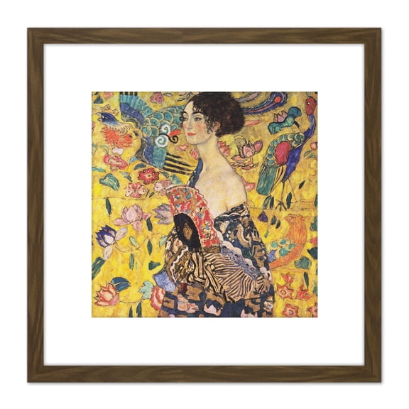Klimt Lady With Fan Painting 8X8 Inch Square Wooden Framed Wall Art Print Picture with Mount