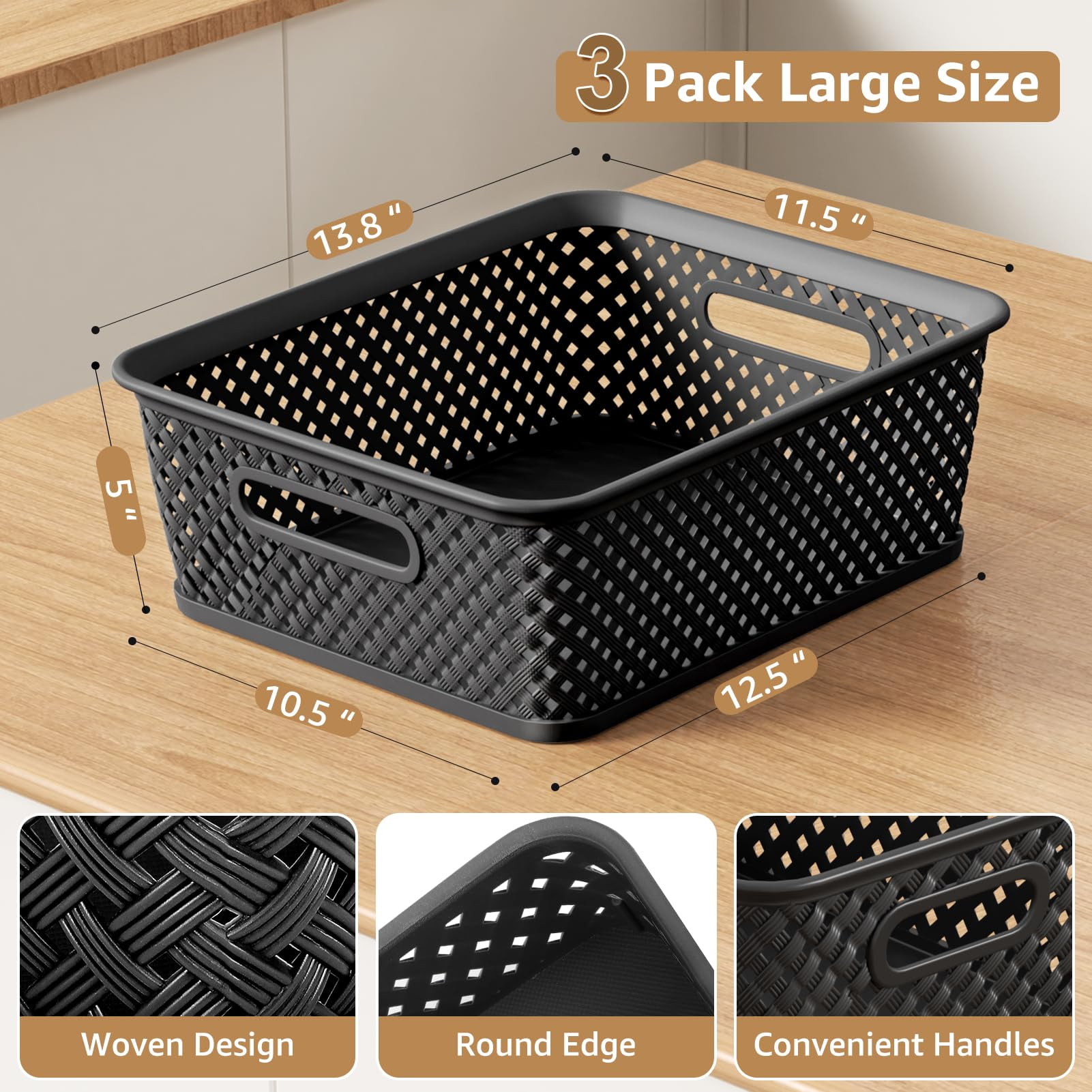 MaxGear 3 Pack Large Storage Bins with Handles, Black Woven Plastic Organizer Baskets for Home & Office Organization, 13.8x11.5x5.2 Inch