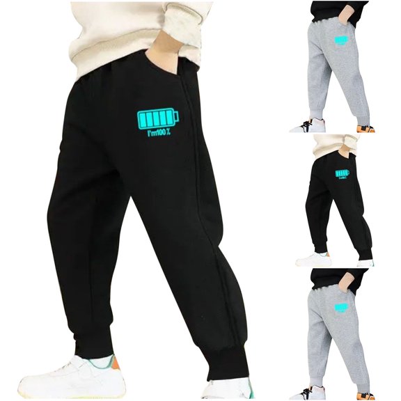 Crunowin Boys Cotton Pants, Elastic Waist Battery Print Casual Sport Pants Size 10