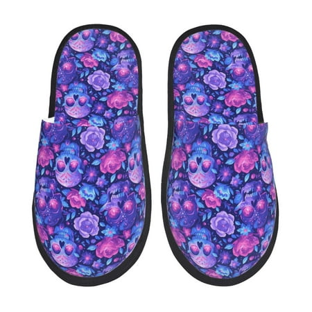 Balery blue Skull purple flower1 Slient Indoor Furry Fleece Comfort House Shoes Soft Non-Slip Home Shoes Cotton slippers House Slippers-- Large