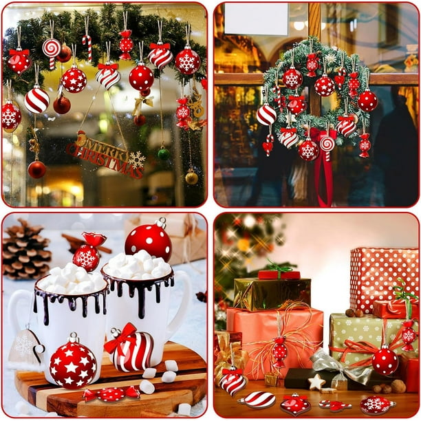 12 piezas de adornos colgantes de caramelos de menta navideños Bolas de cristal navideñas Copos de nieve navideños Rayas Decoraciones