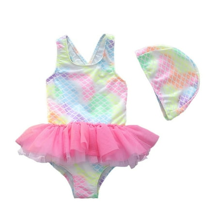 

Bullpiano Toddler Girls One Piece Swimsuits Bathing Suit with Swimming Cap Baby Tutu Bikini Sunsuit 2-9T