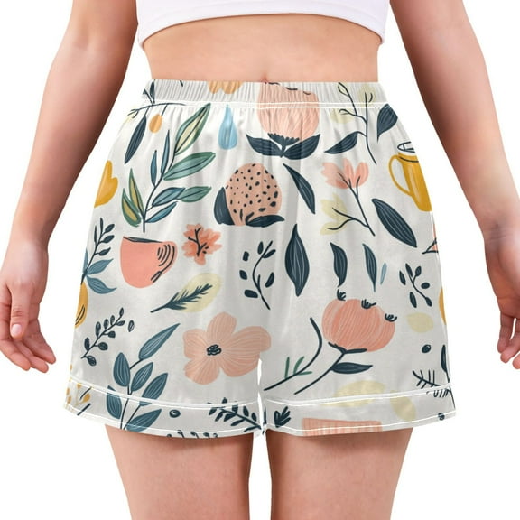 Women's Satin Pajama Shorts Flowers with Pockets, Elastic Waist Sleep Lounge Shorts