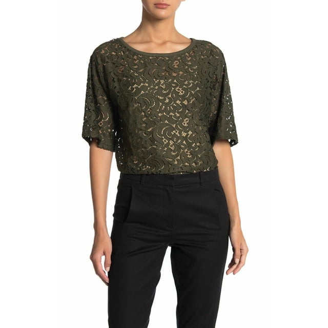 Pleione Haut à Col Rond en Dentelle OLIVE pour Femmes Manches Courtes Taille S