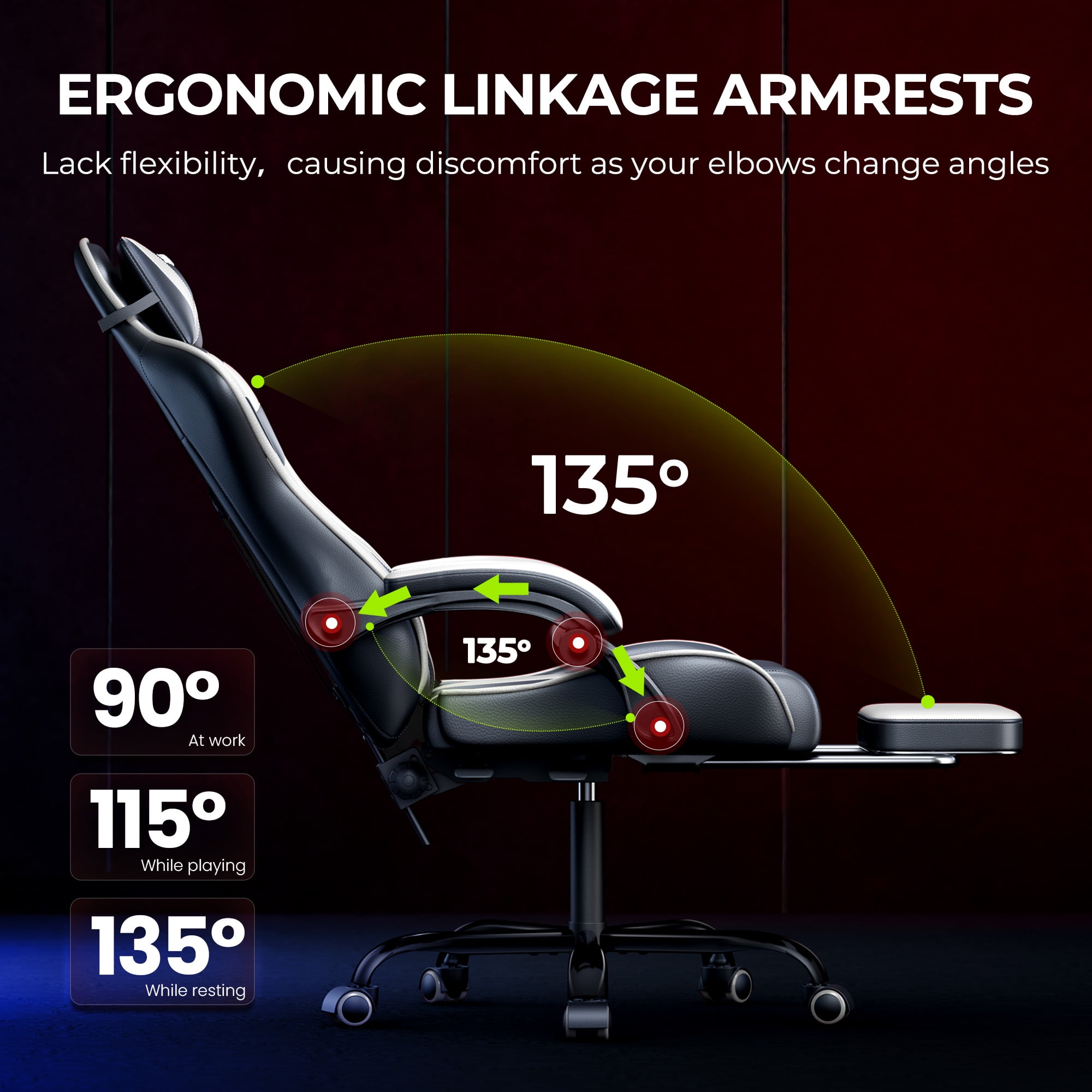 Gaming Chair, Seenda Video Game Chair with Footrest and Lumbar Support, Ergonomic Computer Chair Height Adjustable with Swivel Seat and Headrest, White