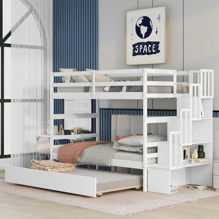 Twin Over Twin Size Bunk Bed with Trundle Can Be Divided into 2 Platform Beds Wood Bed Frame with Storage Staircase & Safety Guardrails & Wood Slats Support for Kids Teens No Box Spring Needed