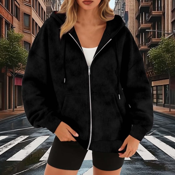 Womens Zip Up Jackets Spring Casual Solid Color Loose Long Sleeve Outerwear Oversized Lightweight Soft Vintage Fashion Warm Basic Suede Jacket with Pockets Fall Winter