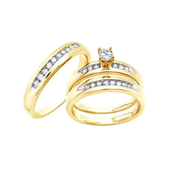 AFFY White Natural Diamond Solitaire Wedding Trio Ring Set In 14k Yellow Gold (0.63 Cttw)