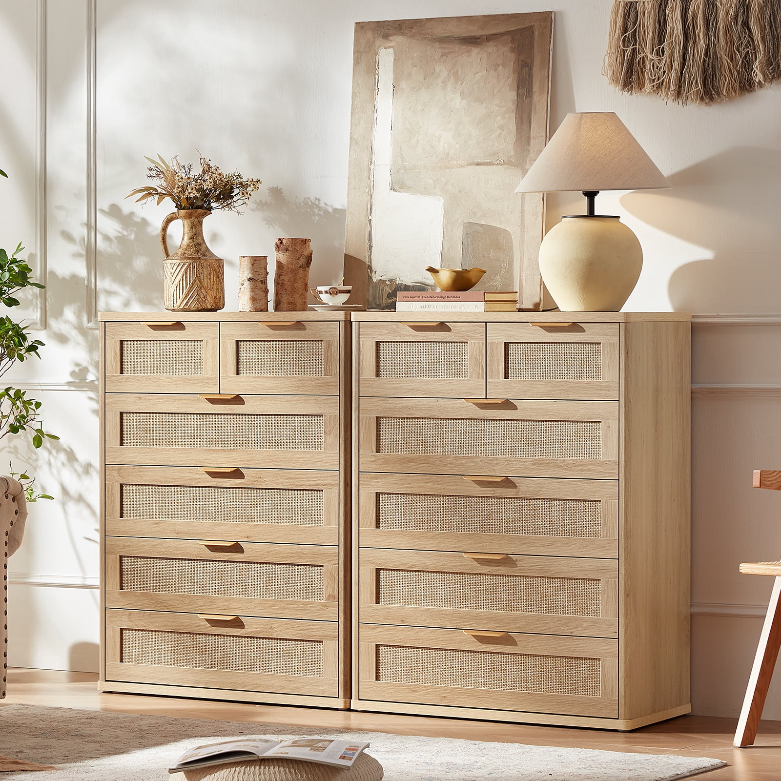2 Pack 6 Drawer Double Dresser, Natural Wood Storage Cabinet with