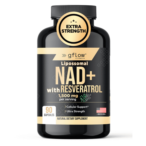 Gflow Vitamins NAD+ supplement (Nicotinamide Adenine Dinucleotide) with Resveratrol as 98% pure trans-resveratrol | Antioxidant Anti-Aging supplement made in the USA