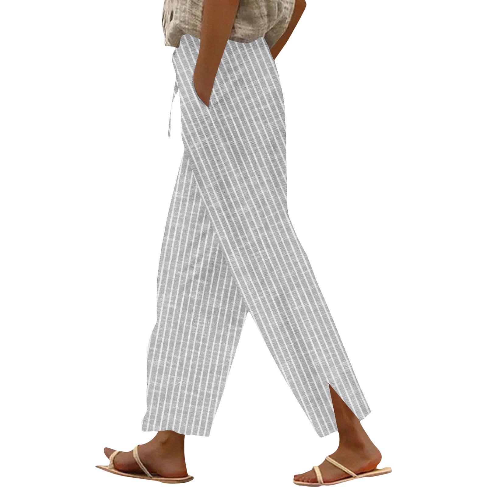 Pantalon Rayé à Jambe Large Femme - Taille Élastique Avec Cordon - Polyester Léger - Pyjama Ou Tenue Décontractée