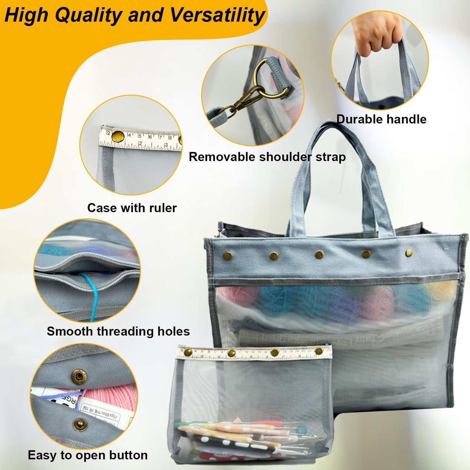 ABCISI Knitting Bag Large Yarn Storage Organizer, Crochet Bags and Totes, Yarn Bags for Crocheting, Crochet Storage Bags for Crochet Hooks Knitting Needles, Knit Bags for Crochet Lovers (Grey)