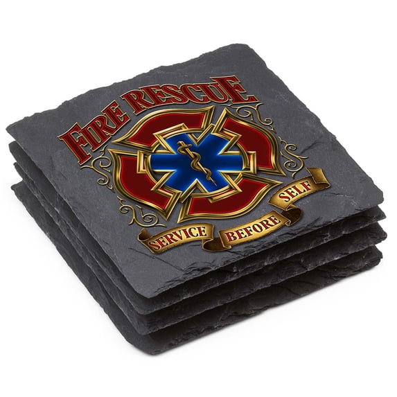 Firefighter Natural Stone Coaster- Fire Rescue Gold Shield Gift Box (Set Of 4)