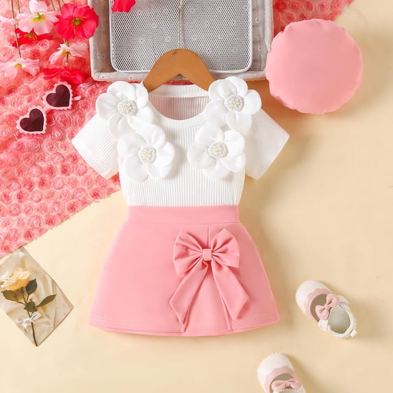 NIEWTR Toddler Baby Girl Summer Short Clothes Ribbed Ruffle Sleeve Tops+Elastic Drawstring Short Shorts Two Piece Solid Outfit Set T-Shirt Set Pink 24M