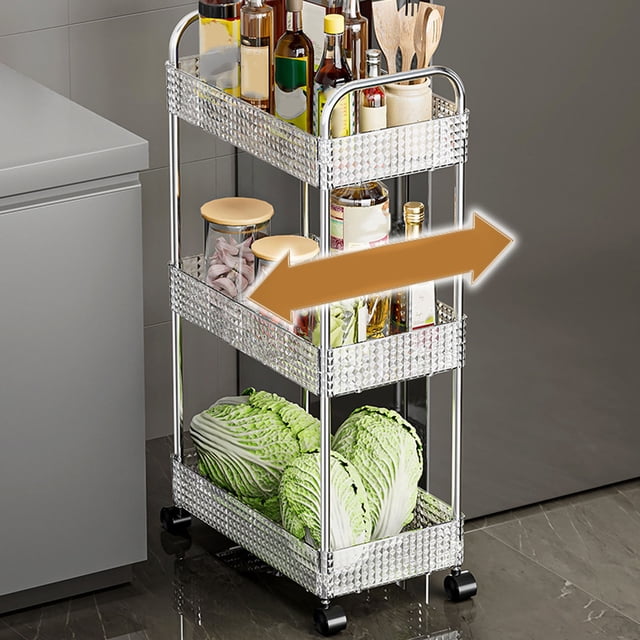 3 Tier Rolling Utility Cart, Slim Mobile Storage Cart with Plastic Baskets, Multifunctional Storage Trolley for Kitchen, Bathroom, Laundry Room, Coffee Bar Trolley Service Cart