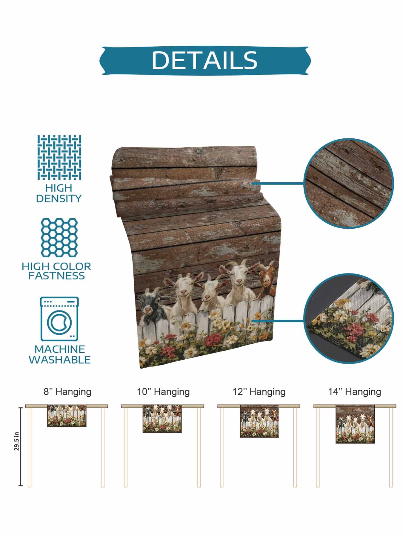 Goats Table Runner, Retro Farmhouse Fence Floral Wood Grain Washable Cotton-linen Table Runners Dining Kitchen Decoration for Everyday Home Wedding Party Decor, 13 x 108 Inch