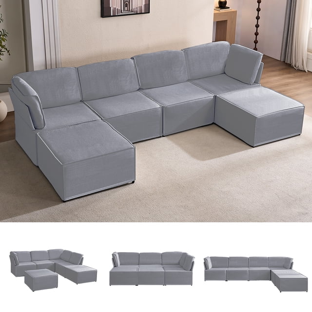 Puremind Modular Sectional Sofa with Movable Ottoman, Convertible U Shaped Couch, Linen 6 Seater Free Combination Sleeper Sofa for Living Room, Light Grey