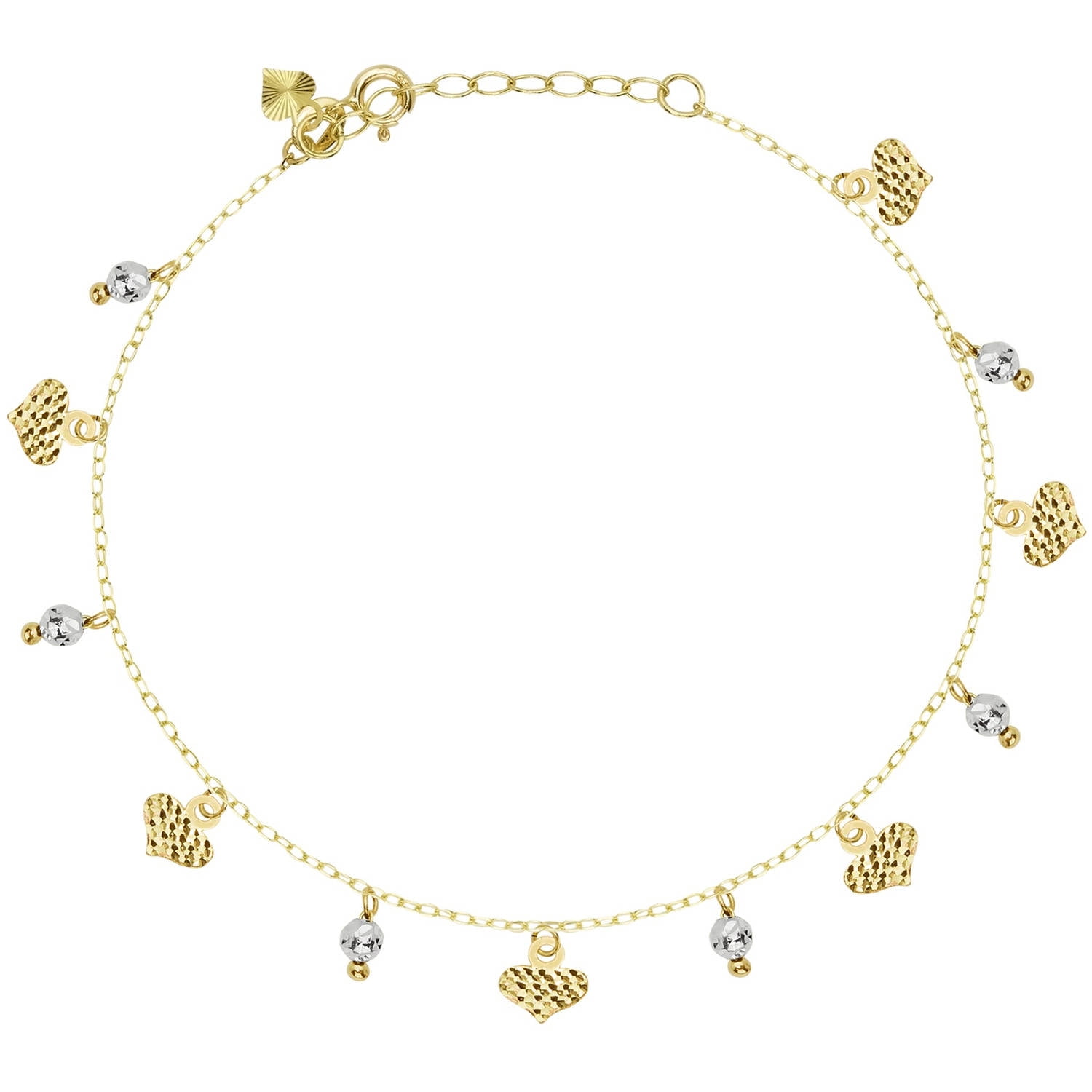 American Designs 14kt Yellow & White Gold Two-Tone Diamond-Cut Heart, Bead/Ball, Two-Tone Charm Dangle Bracelet 7"-8" Chain Adjustable