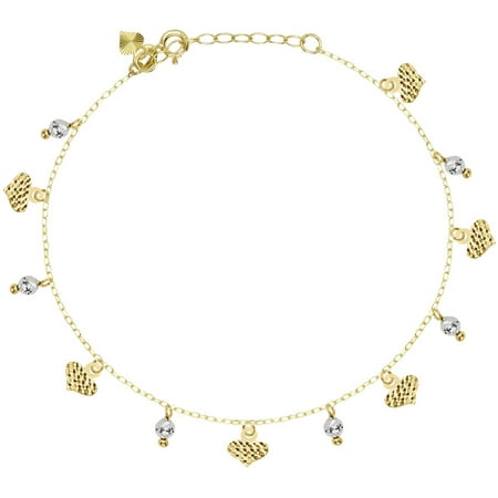 American Designs 14kt Yellow & White Gold Two-Tone Diamond-Cut Heart, Bead/Ball, Two-Tone Charm Dangle Bracelet 7u0022-8u0022 Chain Adjustable