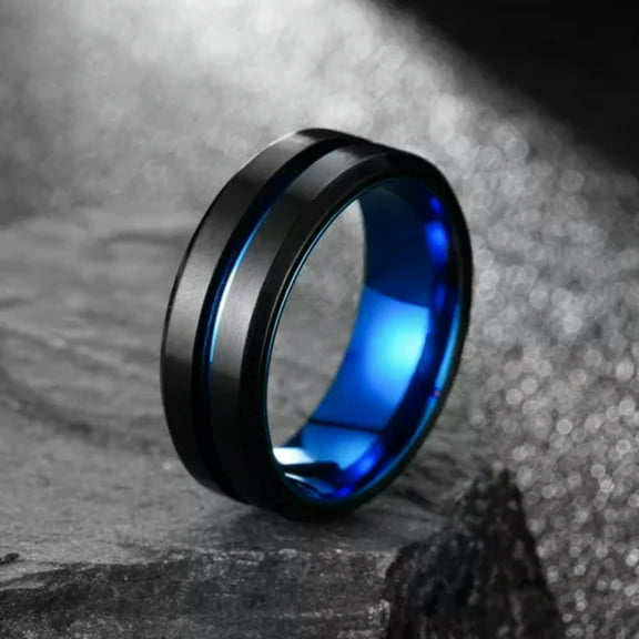 8mm Black Brushed Stainless Steel Blue Polished Spinner Band Mans Ring Size 7-13