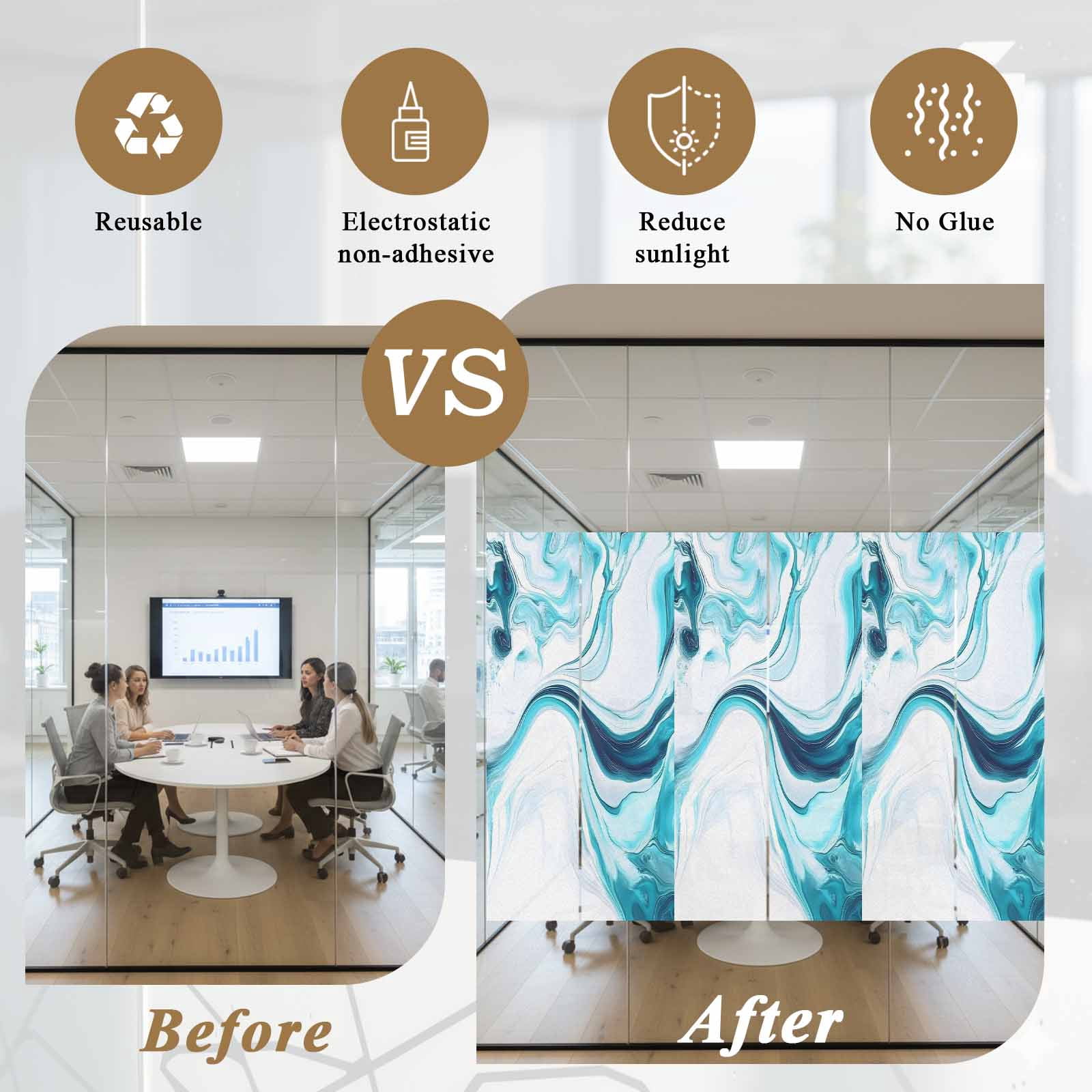 Abstract Water Ripple Window Privacy Film Blue Gradient Modern Ocean Decorative Glass Window Film UV Blocking Static Cling Non-Adhesive Sticker Covering for Home Door 29.5 x 78.7 inches