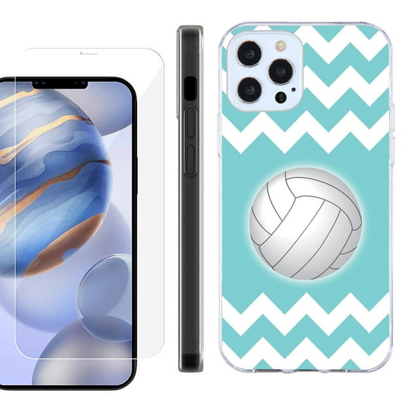Slim Fit Protective Phone Case for Apple iPhone 12 / iPhone 12 Pro, with Tempered Glass Screen Protector, by OneToughShield ® - Chevron/Teal/Volleyball