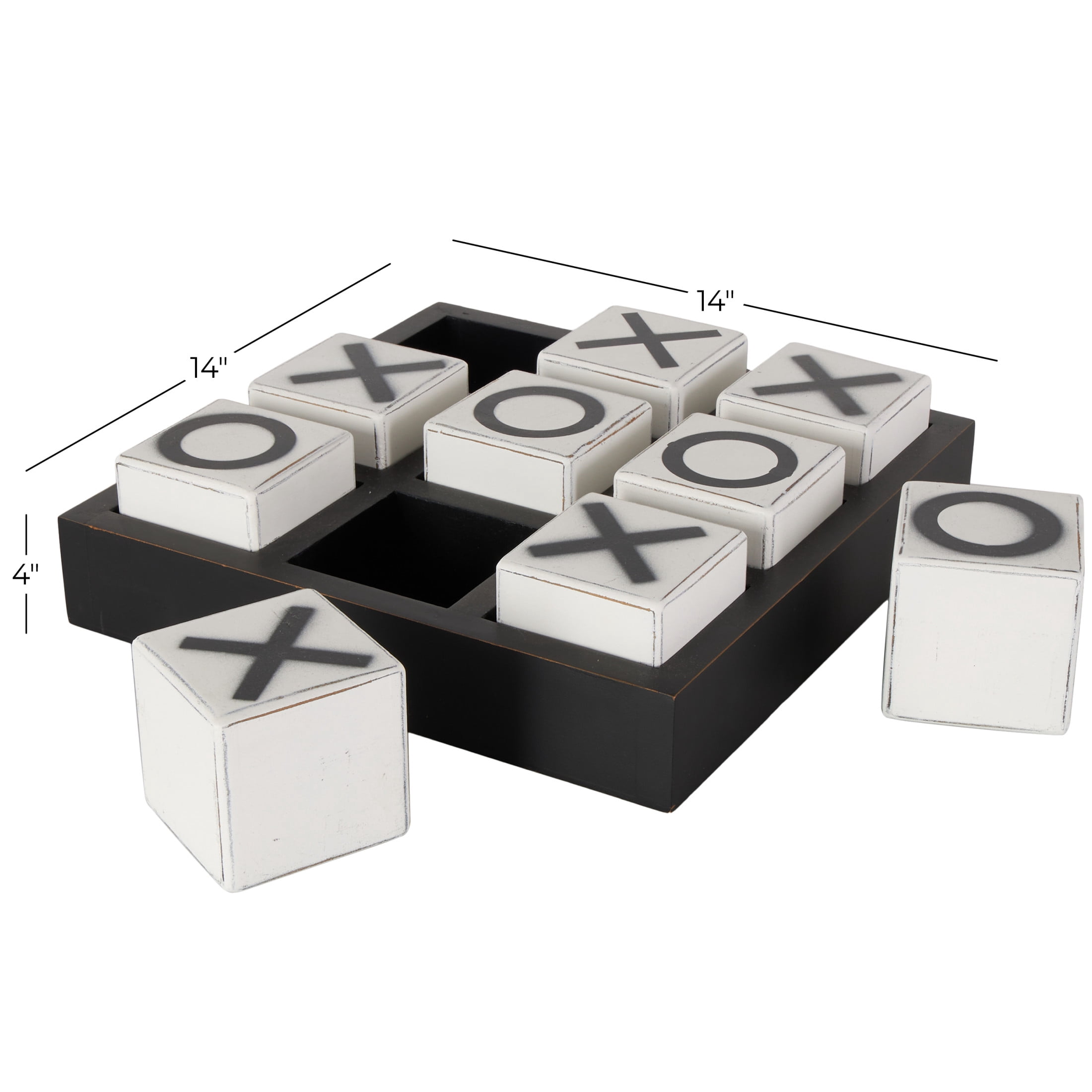 DecMode 14" x 4" Black Wooden Tic Tac Toe Game Set with White Block Pieces, 1-Piece