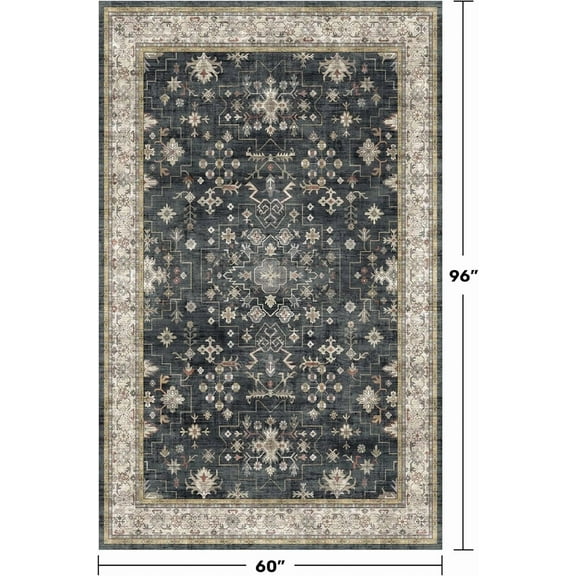 Black Modern Farmhouse 5x8 Area Rug, Washable Low Pile Waterproof Non Slip & Stain Resistant for Living Room, Entryway, Kitchen, Bedroom
