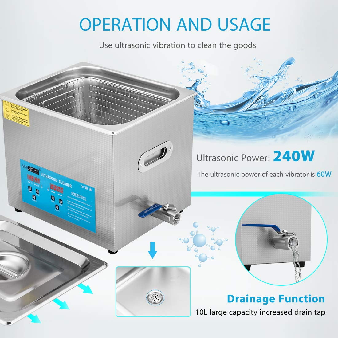 SPECSTAR Professional 10L Portable Touch Controllable Electric Ultrasonic Cleaner Machine with Digital Timer and Heater for Parts Jewelry Watch Coin Glass Circuit Board