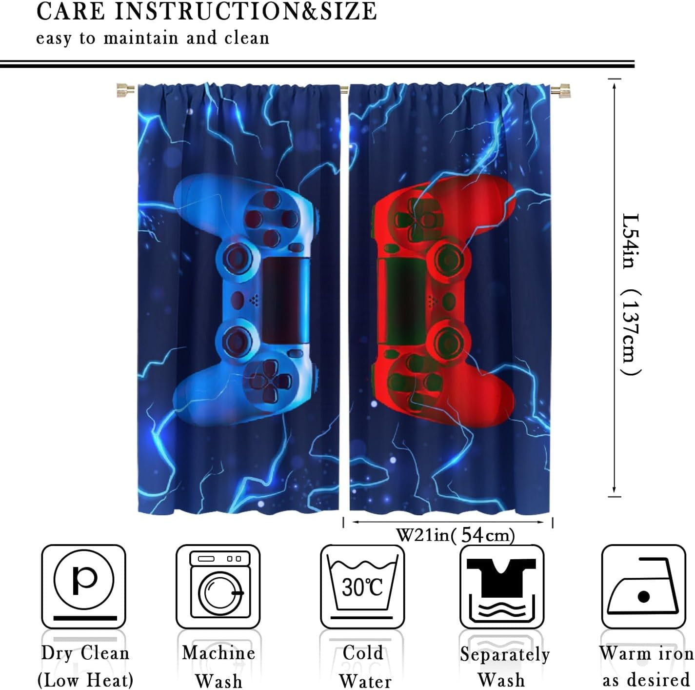 Modern Gamer Curtains, Video Games Window Curtains for Boys Bedroom 3D Red Blue Gamepad with Lightning Window Treatments for Kids Gamer Room Living Room, （W21xL54 Inch） x2 Panels