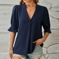 thumbnail image 2 of Blouses for Women Dressy Casual Elbow-Length Puffed Sleeve V-Neck Shirts Loose Solid Color Swing Pullover Tops Trendy Business Office Work Tshirts, 2 of 4