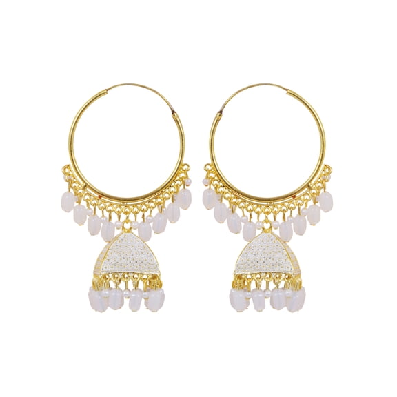 Crunchy Fashion Bollywood Jewellery Traditional Ethnic Bridal Bride Wedding Bridesmaid Ethnic Gold Plated White Beads & Pearl Large Bali Hoop Jhumka/Jhumka Earrings