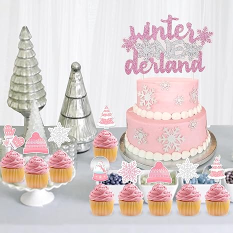 Winter Onederland 1st Birthday Girl Decorations, Winter Onederland Snowflake Banner Monthly Photo Banner Cake Cupcake Toppers, White Pink 1 Foil Balloon for Girls First Birthday Party