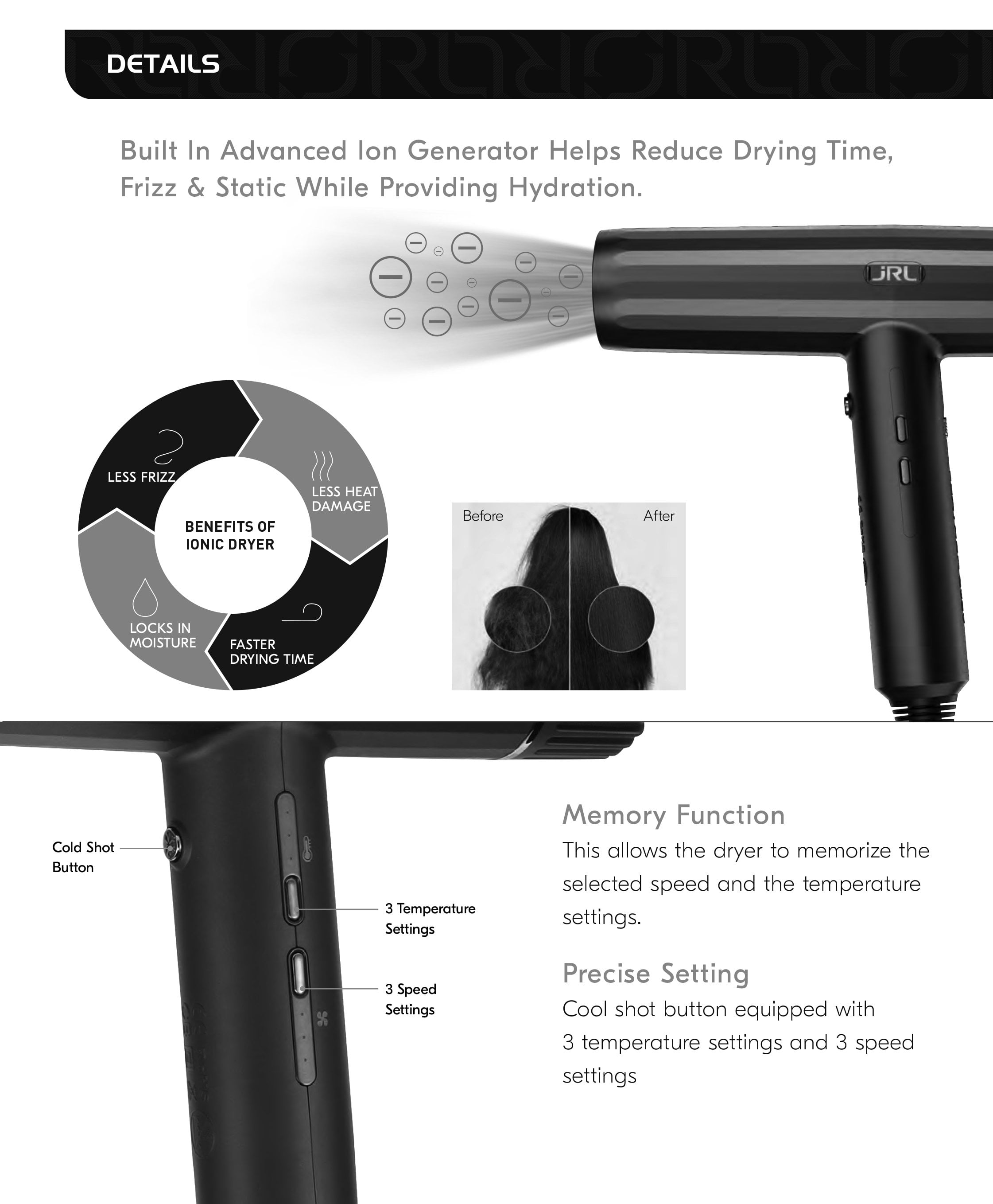 JRL USA Forte Pro Dryer - Ionic, 3 Settings for Speed and Temp, Ceramic (Black)