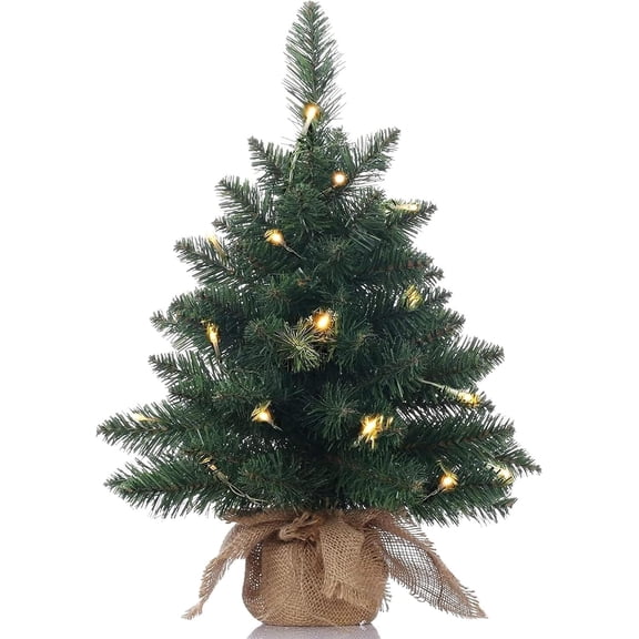 Pre-Lit Artificial Mini Christmas Tree,20 inch Small Pine Xmas Tree with 40 LED Lights,70 Branch Tips,Battery Operated Tabletop Christmas Tree Burlap Base-(50cm)