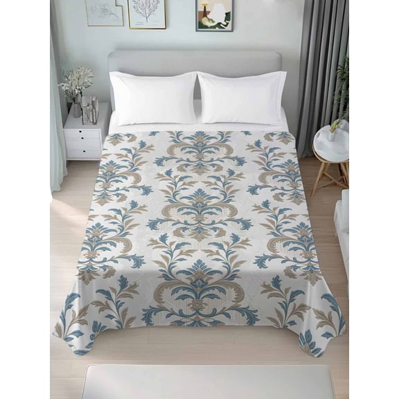 Blue Tan Flower California King Size Flat Sheet, Wrinkleproof & Fadeproof Cooling Flat Bed Sheet Only, Abstract Vintage Ethnic Tribal Boho Breathable Soft Bedding Top Sheets 108 x 98 Inches