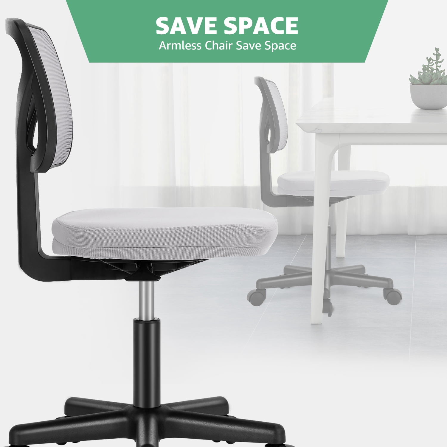 MAYEERTY Home Office Desk Chair, Armless Mesh Computer Chair Small Space Swivel Adjustable Low Back Task Chair for Teens/Adults, Gray