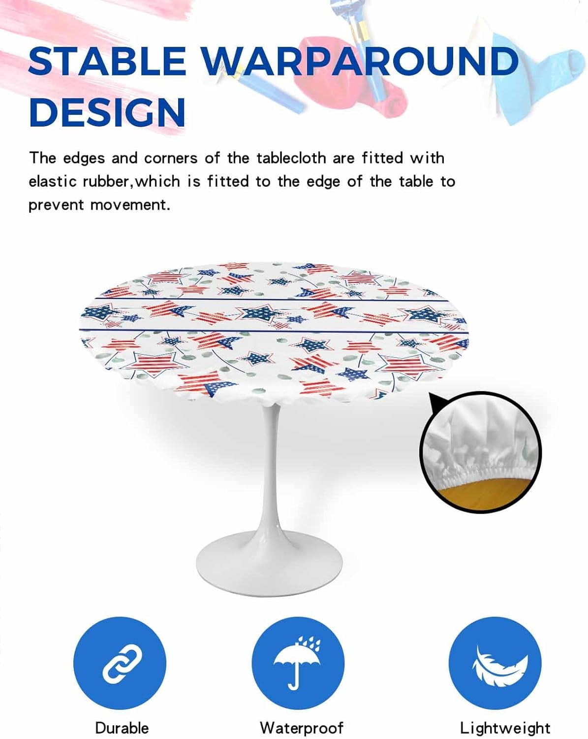 Memorial Day Round Fitted Tablecloth,American Flag Patriotic Star Elastic Edge Table Cover Waterproof Wipeable Table Cloths for Home Kitchen Dining Party Indoor Outdoor Decor 36"-44"