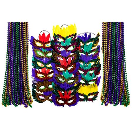 4Es Novelty Mardi gras Feather Masks & Beads Party Pack with Emoji Stickers