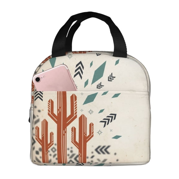 Boho Insulated Lunch Box Vintage Tribal Pattern Reusable Cooler Handbag With Front Pocket Thermal Meal Prep Tote For Women Men Work Office Daily Chic