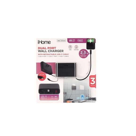 Restored IHOME 45W AC Pro with Retractable USB-C Cable and 1 USB-A and 1 USB-C Wall Charger 2IHCH1042BLKCB (Refurbished)