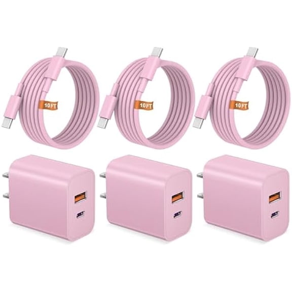 Quyaojz for iPhone 17 16 15 Charger Fast Charging USB C Charger Block Type C Chargers Charging Block with 3 Pack 10FT Cable Compatible With iPhone 17/16/15/iPad Pro(Pink